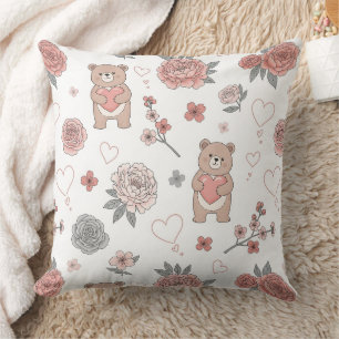 Coussin Ourson Mignon Tenant un Cœur -- Nurserie Pastel (1
