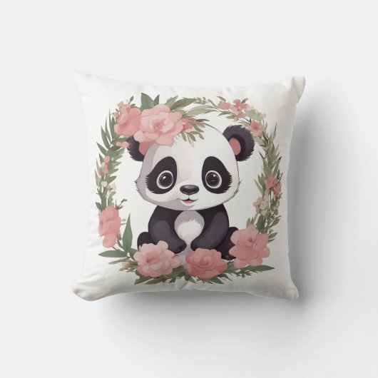 Coussin Ourson Panda Bébé Adorable avec des Fleurs (Recto)