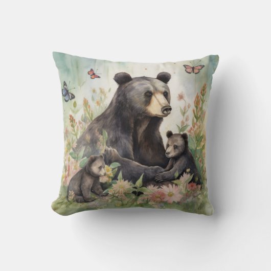 Coussin Oursons Fleurs Papillons Peinture (Recto)