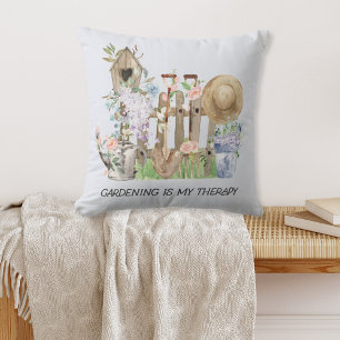 Coussin Outils de jardinage et citation florale à l'aquare