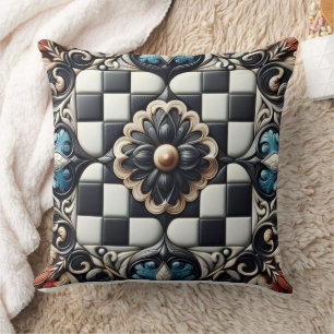 Coussin P Plaid floral à médaillon noir et blanc