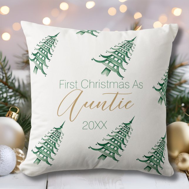 Coussin Pagode blanche verte Arbre de Noël Premier Noël (Green White Pagoda Christmas Tree First Christmas Throw Pillow)