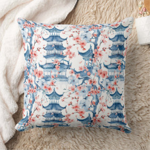 Coussin Pagode Chinoise Bleue Motif Fleur de Cerisier