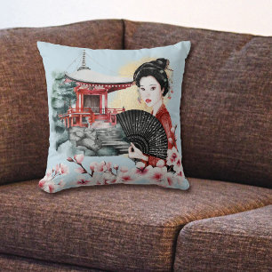 Coussin Pagode japonaise en fleur de cerisier Geisha Girl
