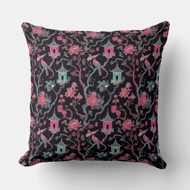 Coussin Pagode vibrante de Chinoiserie et oiseaux (Recto)