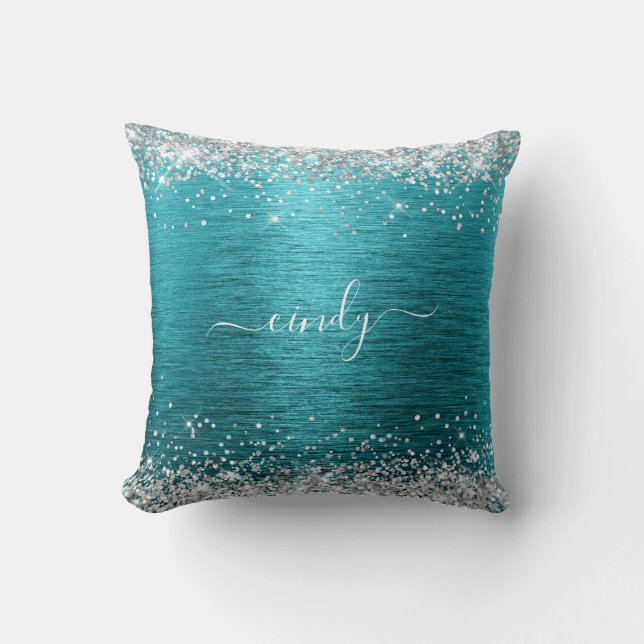 Coussin Pailleté Argent Turquoise Foncé Métal Brossé Nom (Recto)