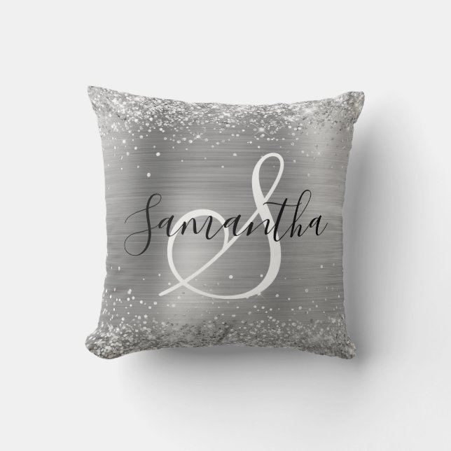 Coussin Pailleté Argenté Élégant Monogrammé (Recto)