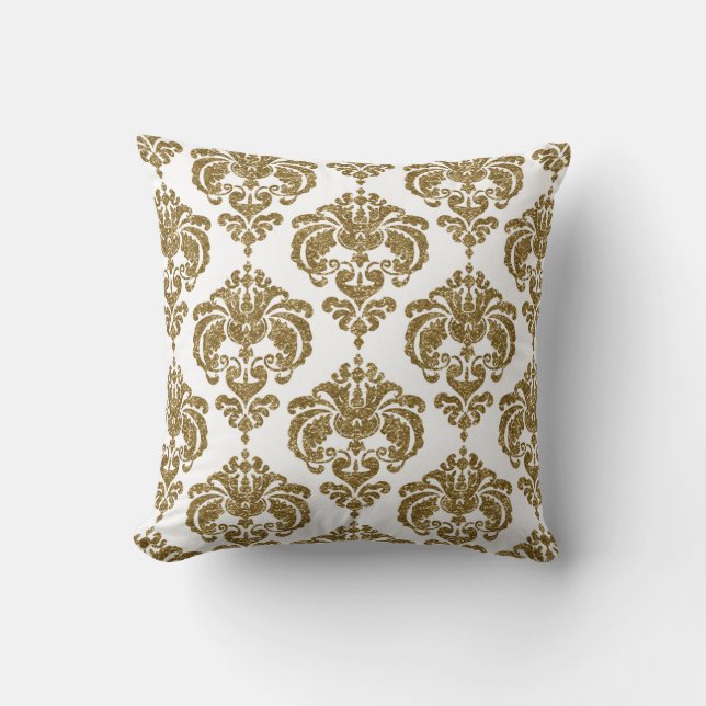 Coussin Pailleté Or & Blanc Damassé Chic Motif Moderne (Recto)