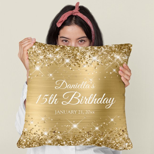 Coussin Pailleté Or Feuille 15e Anniversaire (Glittery Gold Foil 15th Birthday Throw Pillow)