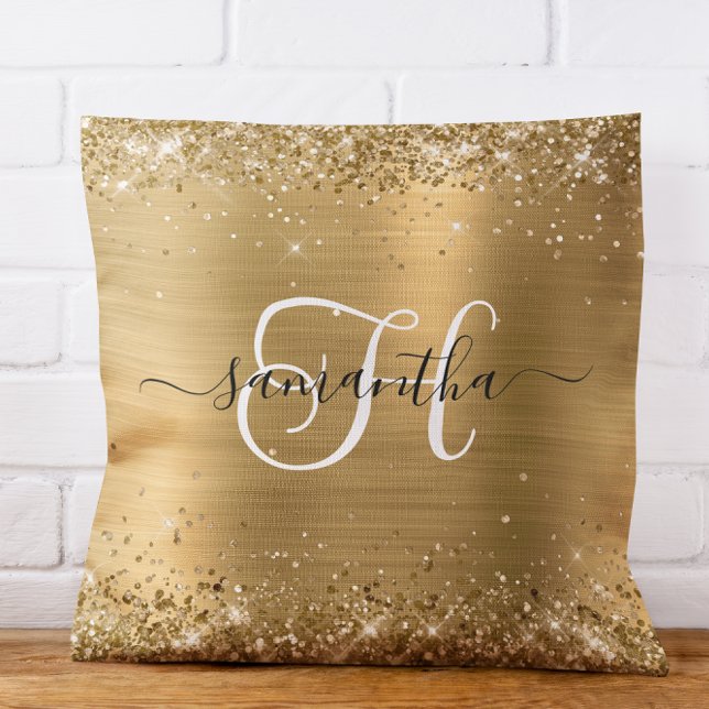 Coussin Pailleté Or Monogramme Glamour (Glittery Gold Glam Monogrammed Throw Pillow)
