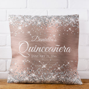 Coussin Pailleté Rose Gold Glitter Argenté Quinceañera