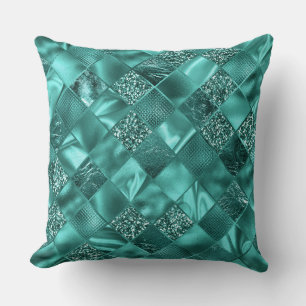 Coussin Paillettes et Diamants de Feuille en Teal Élégant