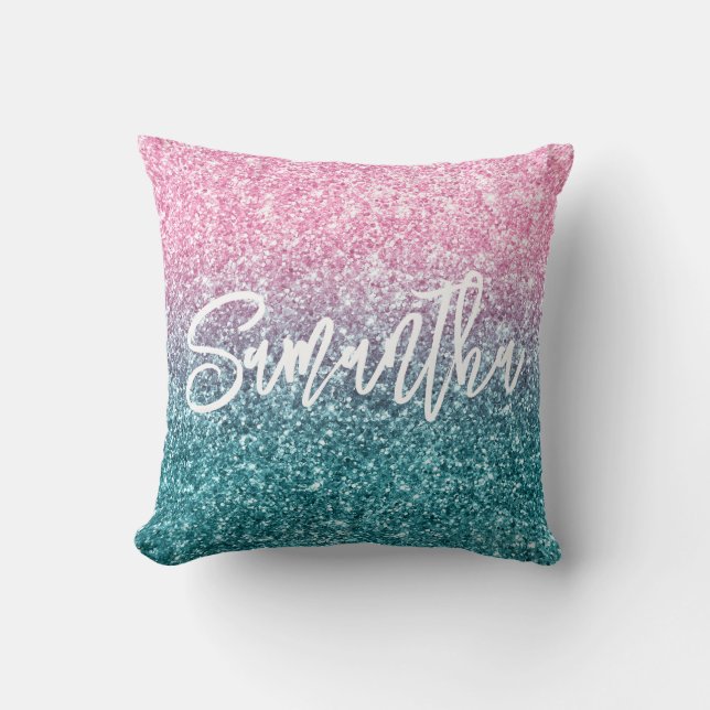 Coussin Paillettes Luxe Rose Clair Turquoise Dégradé (Recto)