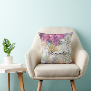 Coussin Paillettes scintillantes or violet galaxie marbre 