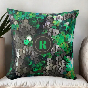 Coussin Paillettes vert gris monogramme brillant élégant