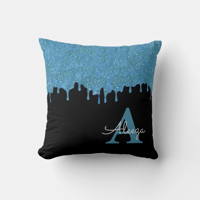 Coussin Paillettres de monogramme bleu sarcelle et noir en (Recto)