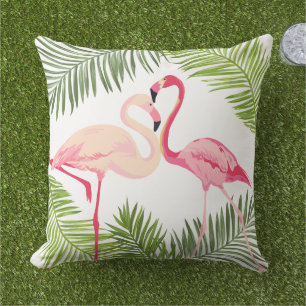 Coussin Paire de flamants roses tropicaux sur une fronde d