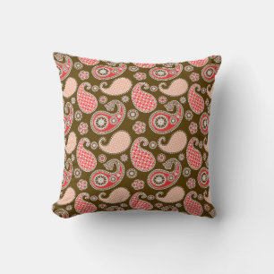 Coussin Paisley Motif, Coral et Chocolat Brown