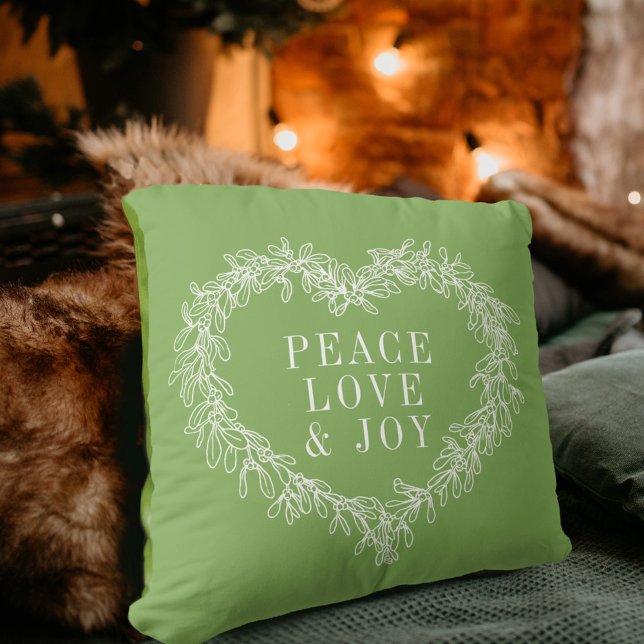 Coussin Paix, amour joie vert mistletoe Noël vert (Créateur téléchargé)