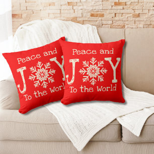 Coussin Paix et joie au monde Flocon de neige Rouge Blanc
