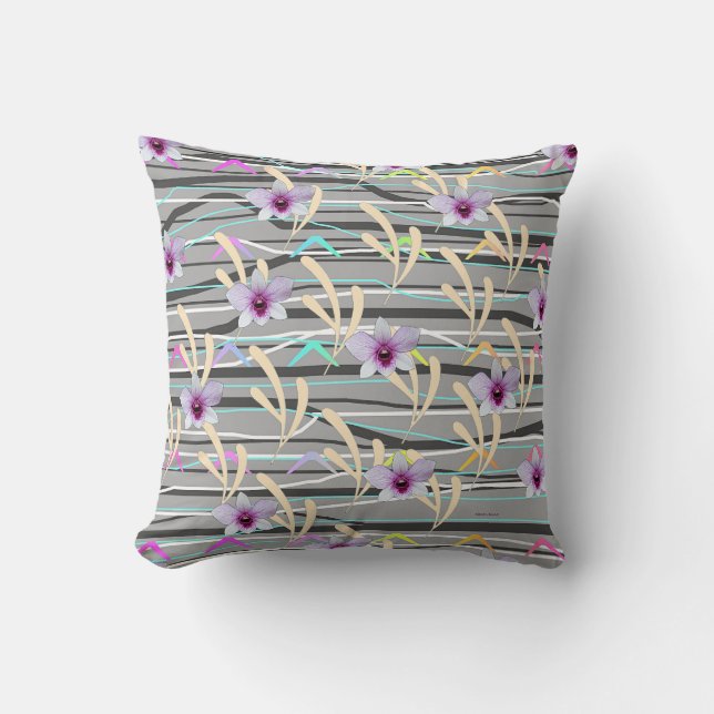 Coussin Pale Leaf Gray Pattern Purple Center Floral  (Recto)