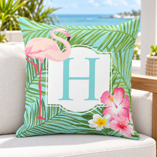 Coussin Palme de Flamant Tropical Hawaïen Monogramme Initi