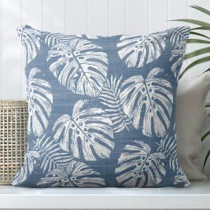 Coussin Palme de Monstera Bleu et Blanc Feuilles