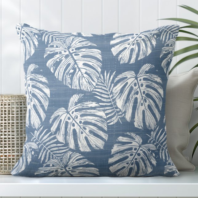 Coussin Palme de Monstera Bleu et Blanc Feuilles (Créateur téléchargé)