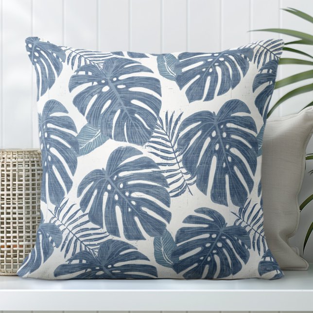 Coussin Palme de Monstera Bleu et Blanc Feuilles (Créateur téléchargé)