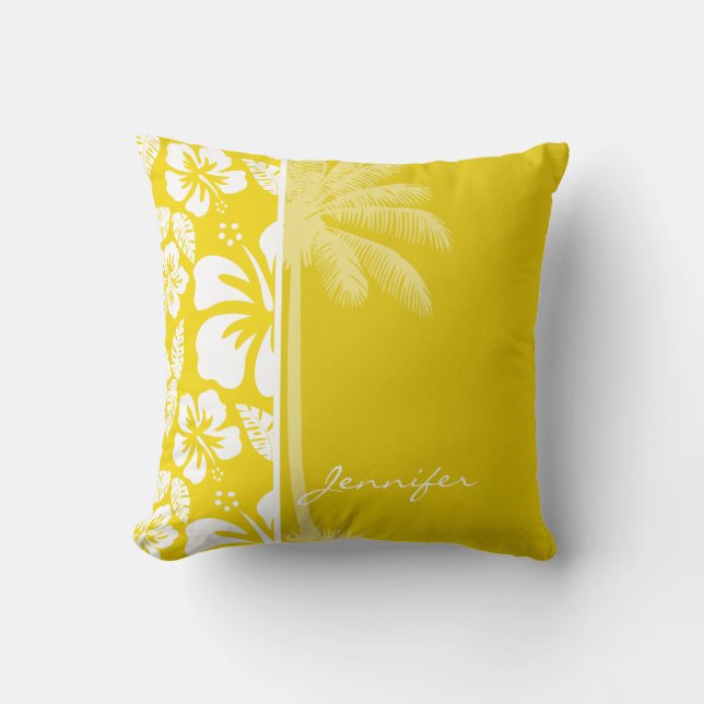 Coussin Palme tropicale hawaïenne jaune doré (Recto)