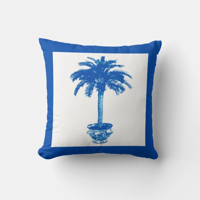 Coussin Palmier pointilleux - bleu cobalt et blanc (Recto)