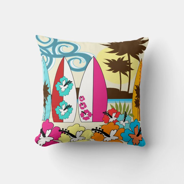 Coussin Palmier surfant de planches de surf de plage (Recto)
