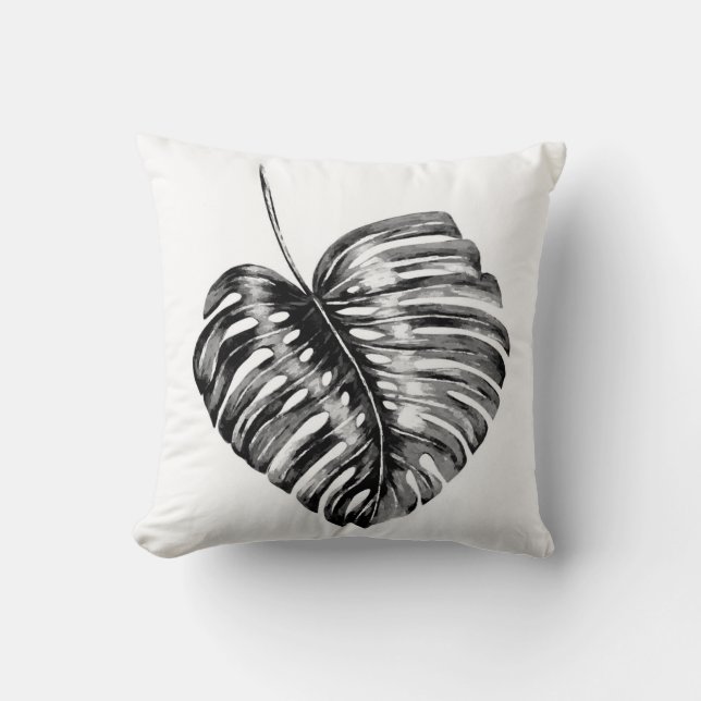 Coussin Palmier tropical à feuilles de monstère noir et bl (Recto)