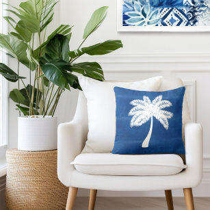 Coussin Palmier tropical bleu blanc