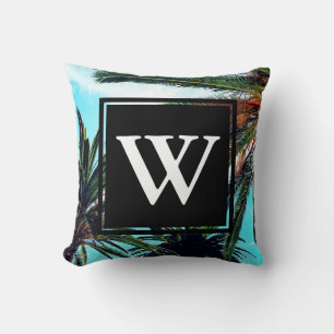 Coussin Palmiers des îles tropicales et lettre initiale