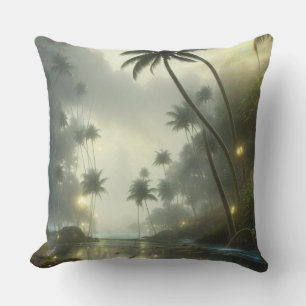 Coussin Palmiers et océan jour brumeux