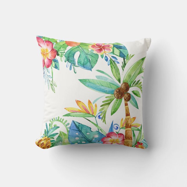 Coussin Palmiers tropicaux et aquarelle florale  (Recto)