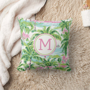 Coussin Palmiers tropicaux rose et vert de Preppy Monogram