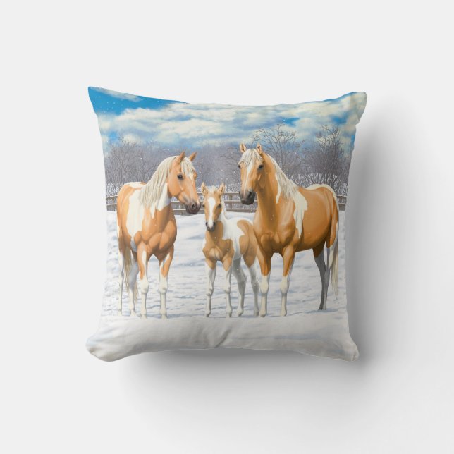 Coussin Palomino Pinto Peinture Quarter Chevaux En Neige (Recto)