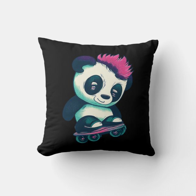 Coussin Panda bébé mignonne avec mohawk | Panda de patinag (Recto)