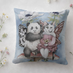 Coussin Panda et chat fée amis avec des fleurs d'anémone