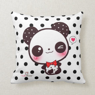 Coussin Panda personnalisé de Kawaii sur le pois noir