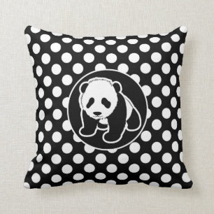 Coussin Panda sur les Pois noirs et blancs