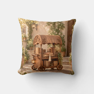 Coussin Panier de livres à la cannelle, cour de cottage en