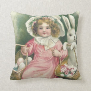 Coussin Panier de Pâques Fille Lapin Oeufs Colorés