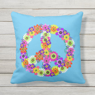 Coussin Panneau de paix Floral sur bleu