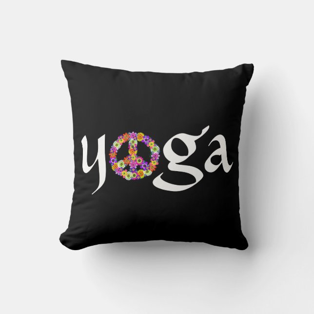 Coussin Panneau de paix Yoga Floral sur noir (Recto)