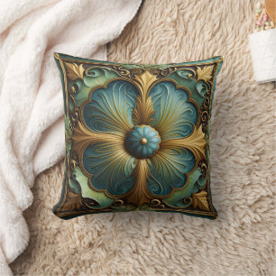Coussin Panneau Floral décoratif avec Turquoise et Or