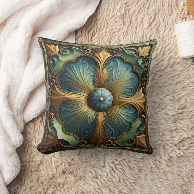 Coussin Panneau Floral décoratif avec Turquoise et Or (Couverture)