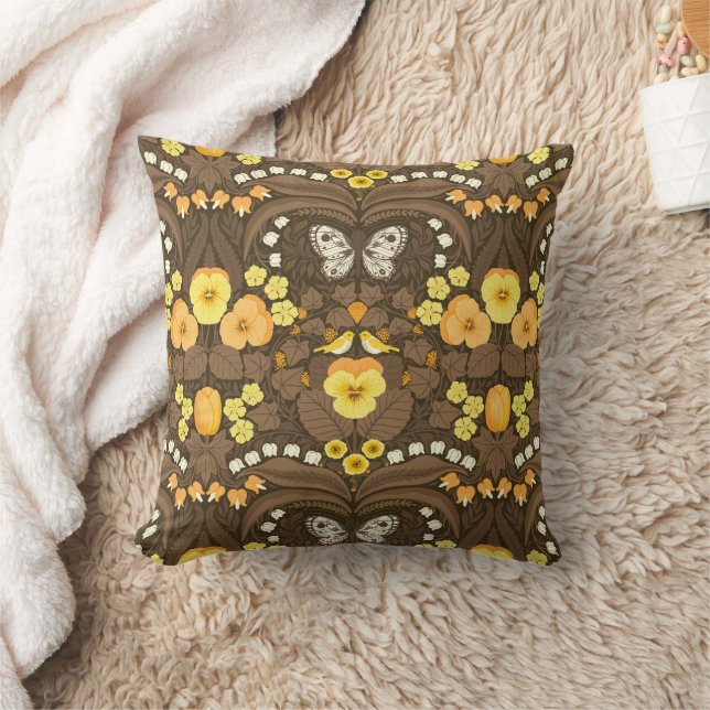 Coussin Pansies jaunes, oiseaux et papillons (Couverture)